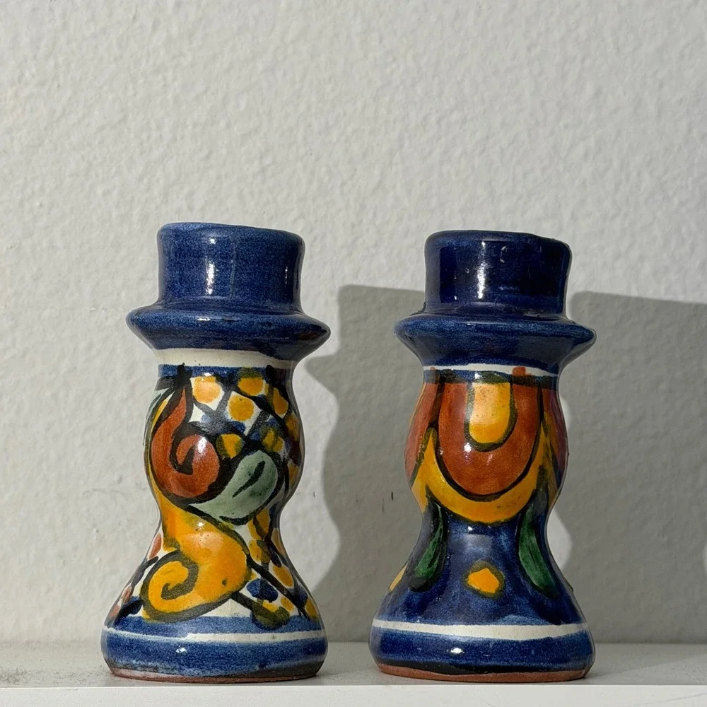 Vintage Mexican Pottery Candlestick Holders Pair Hand Painted Blue Folk Art